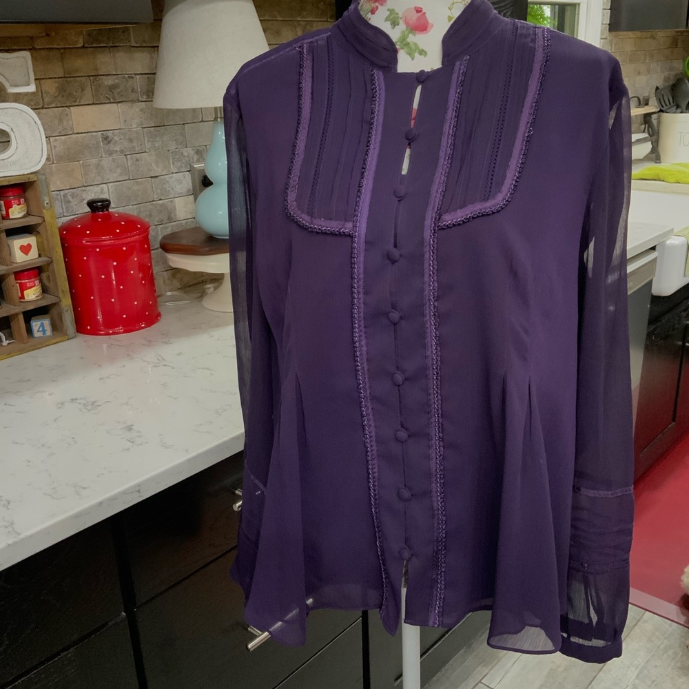 Coldwater Creek Top Women's XL 18 Blouse Button Front Lace Chiffon Purple Boho